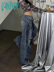 Lunivop Women’s Knee Hole Design Dirty Blue Jeans Summer Cool Girl Wide-Leg Denim Trousers