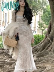 Lunivop Women’s Lace Midi Dress Long Sleeve Square Collar Up Bodycon Mermaid Autumn Winter