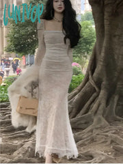 Lunivop Women’s Lace Midi Dress Long Sleeve Square Collar Up Bodycon Mermaid Autumn Winter