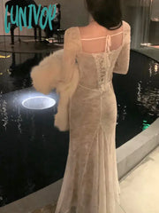 Lunivop Women’s Lace Midi Dress Long Sleeve Square Collar Up Bodycon Mermaid Autumn Winter