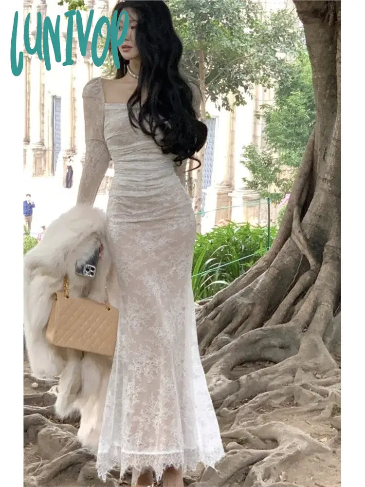 Lunivop Women’s Lace Midi Dress Long Sleeve Square Collar Up Bodycon Mermaid Autumn Winter