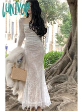 Lunivop Women’s Lace Midi Dress Long Sleeve Square Collar Up Bodycon Mermaid Autumn Winter