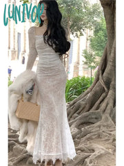 Lunivop Women’s Lace Midi Dress Long Sleeve Square Collar Up Bodycon Mermaid Autumn Winter