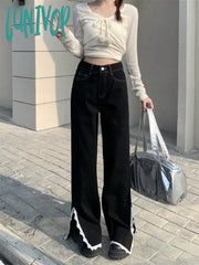 Lunivop Women’s Lace Side Split Design Black Jeans American Vintage High Waisted Girl Pants