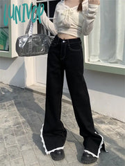 Lunivop Women’s Lace Side Split Design Black Jeans American Vintage High Waisted Girl Pants