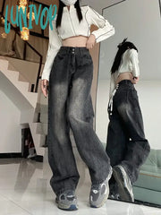 Lunivop Women’s Lace Up Drawstring Design Black High Waist Jeans Spring Autumn New Street Style