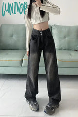 Lunivop Women’s Lace Up Drawstring Design Black High Waist Jeans Spring Autumn New Street Style