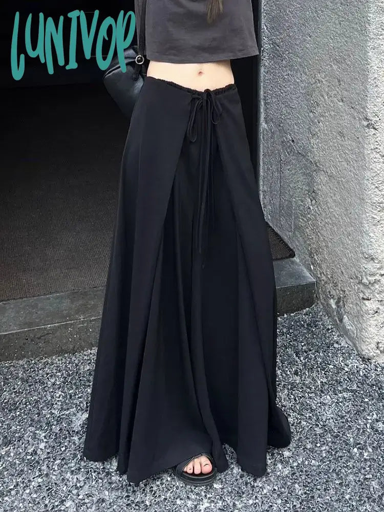 Lunivop Women’s Large Black Lace Up High Waist Wide Leg Pants Summer Autumn New Chic Fashion