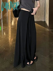 Lunivop Women’s Large Black Lace Up High Waist Wide Leg Pants Summer Autumn New Chic Fashion