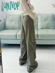 Lunivop Women’s Large Pocket Design Army Green Wide Leg Pants Vintage American Style Casual