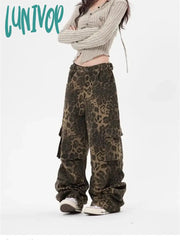 Lunivop Women’s Large Pocket Design Leopard Print High Waisted Wide-Leg Pants Neutral Style