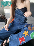 Lunivop Women’s Letter Embroidery Blue Denim Rompers Strap Pants Spring Autumn Fashion Casual