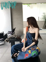 Lunivop Women’s Letter Embroidery Blue Denim Rompers Strap Pants Spring Autumn Fashion Casual