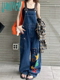Lunivop Women's Letter Embroidery Blue Denim Rompers Strap Pants Spring Autumn Fashion Casual Jeans Female Straight Wide-leg Trousers