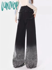 Lunivop Women’s Letter Graffiti Black Gradient Wide-Leg Jeans American Vintage Casual Denim