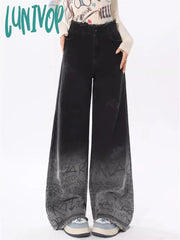 Lunivop Women’s Letter Graffiti Black Gradient Wide-Leg Jeans American Vintage Casual Denim