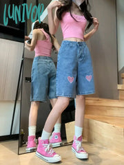 Lunivop Women’s Love Embroidery American Straight Denim Shorts Summer New Chic Street Style