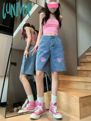 Lunivop Women’s Love Embroidery American Straight Denim Shorts Summer New Chic Street Style