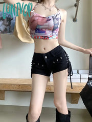 Lunivop Women’s Low Waist Strap Design Black Denim Shorts Summer New Street Wrapped Hip Hot Pants
