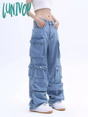 Lunivop Women’s Many Pocket Designs High Waisted Retro Pants Casual Blue Jeans Vintage American