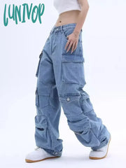 Lunivop Women’s Many Pocket Designs High Waisted Retro Pants Casual Blue Jeans Vintage American