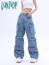 Lunivop Women’s Many Pocket Designs High Waisted Retro Pants Casual Blue Jeans Vintage American