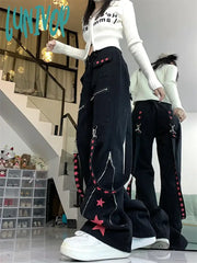 Lunivop Women’s Metal Decoration Splicing Star Print Denim Trousers American Street Style Jeans