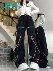 Lunivop Women’s Metal Decoration Splicing Star Print Denim Trousers American Street Style Jeans