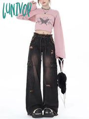 Lunivop Women’s Multi Pocket Black Pink Holes Jeans Casual Wide Leg Pants Vintage American Street