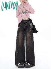 Lunivop Women’s Multi Pocket Black Pink Holes Jeans Casual Wide Leg Pants Vintage American Street