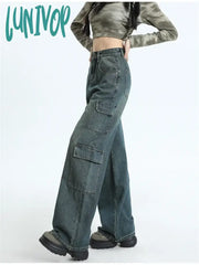 Lunivop Women’s Multi Pocket Design Retro Cargo Jeans American Style Baggy Vintage Casual Wide