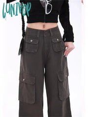 Lunivop Women’s Multi Pocket Design Solid Color Sports Pants Fashion Street Style Female High