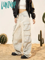 Lunivop Women’s Multi Pocket Design Straight Wide Legs Vintage Jeans Cool Girl High Waisted Cargo