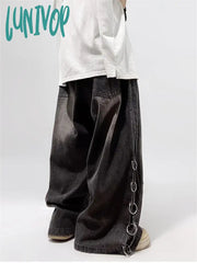 Lunivop Women’s Multi Pocket Design Wide Leg Black Gray Jeans Neutral Style High Waist Vintage