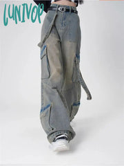 Lunivop Women’s Multi Pocket Design Wide Leg Cargo Jeans Vintage American Street Casual Pant