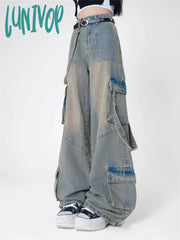 Lunivop Women’s Multi Pocket Design Wide Leg Cargo Jeans Vintage American Street Casual Pant