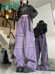 Lunivop Women’s Multi Pocket Design Wide Leg Purple Jeans Vintage American Style Casual Pants