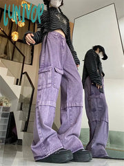 Lunivop Women’s Multi Pocket Design Wide Leg Purple Jeans Vintage American Style Casual Pants