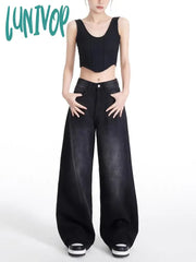 Lunivop Women’s Neutral Style High Waisted Wide-Leg Black Gray Pants Casual Cool Jeans Vintage