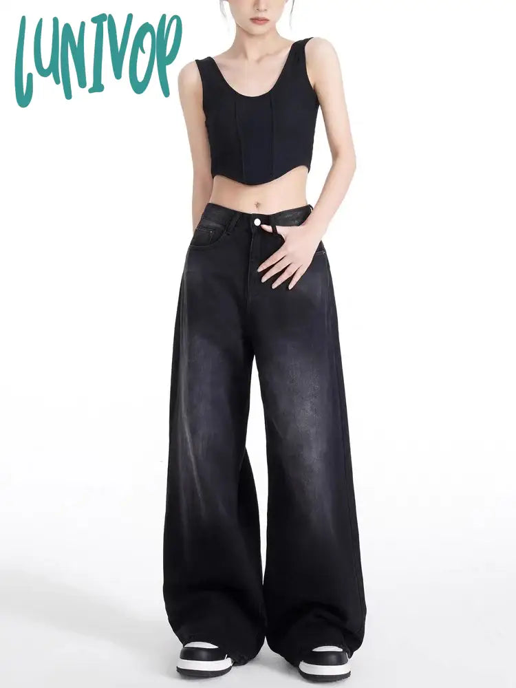 Lunivop Women’s Neutral Style High Waisted Wide-Leg Black Gray Pants Casual Cool Jeans Vintage