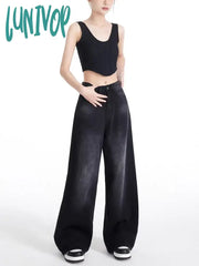 Lunivop Women’s Neutral Style High Waisted Wide-Leg Black Gray Pants Casual Cool Jeans Vintage