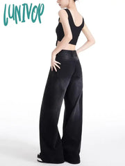 Lunivop Women’s Neutral Style High Waisted Wide-Leg Black Gray Pants Casual Cool Jeans Vintage