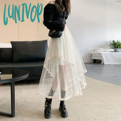 Lunivop Women’s New Style Tulle Skirts High Waist Long A-Line Skirt Sexy Summer Korean Fashion