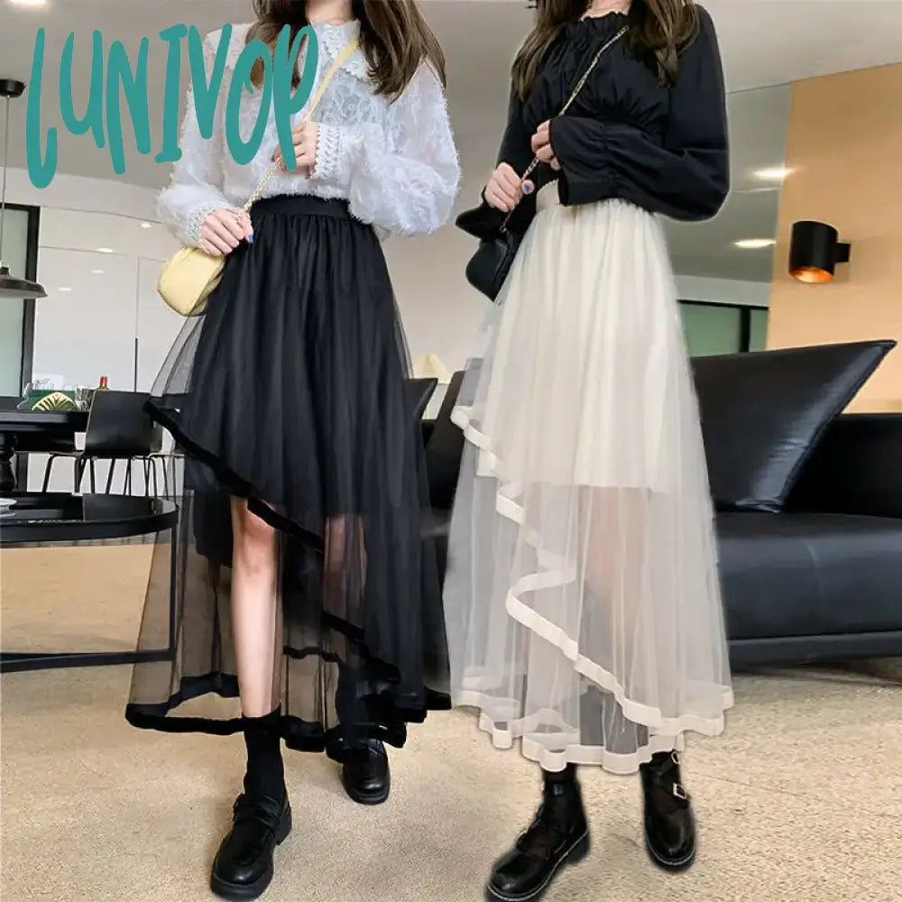 Lunivop Women’s New Style Tulle Skirts High Waist Long A-Line Skirt Sexy Summer Korean Fashion