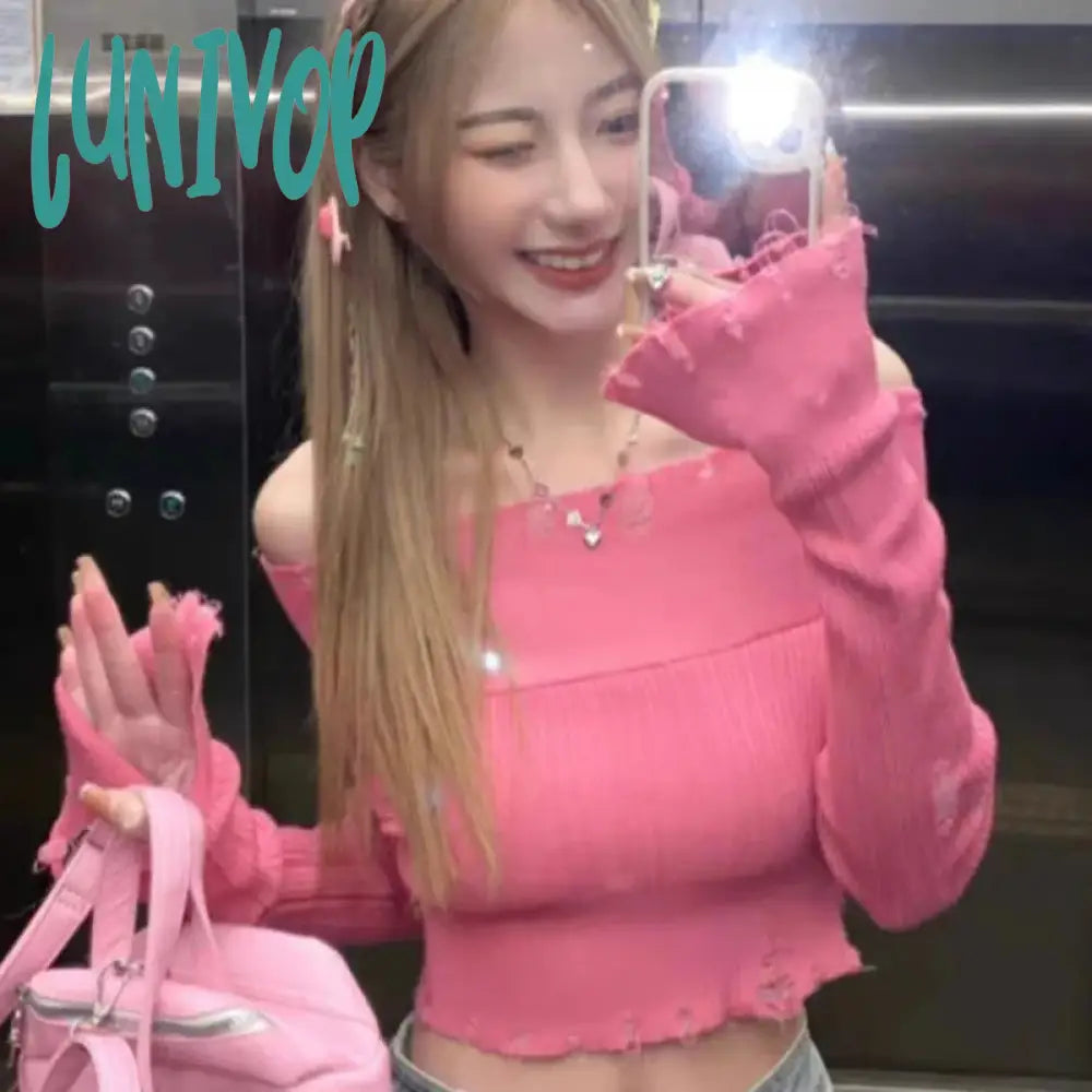 Lunivop Women’s Off-Shoulder Knitwear Solid Color Ribbed Boat Neck Long Sleeve Show Navel Cropped