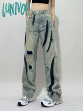 Lunivop Women’s Patch Hole Design Wide Legs Retro Pant American Vintage Neutral Style Patchwork