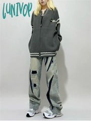 Lunivop Women’s Patch Hole Design Wide Legs Retro Pant American Vintage Neutral Style Patchwork