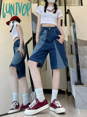 Lunivop Women’s Patchwork American Straight Denim Shorts New Summer Chic Street Style Female High