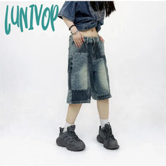 Lunivop Women’s Patchwork Design Wide Leg Blue Denim Shorts Unisex Style Capris Summer Female