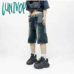 Lunivop Women’s Patchwork Design Wide Leg Blue Denim Shorts Unisex Style Capris Summer Female
